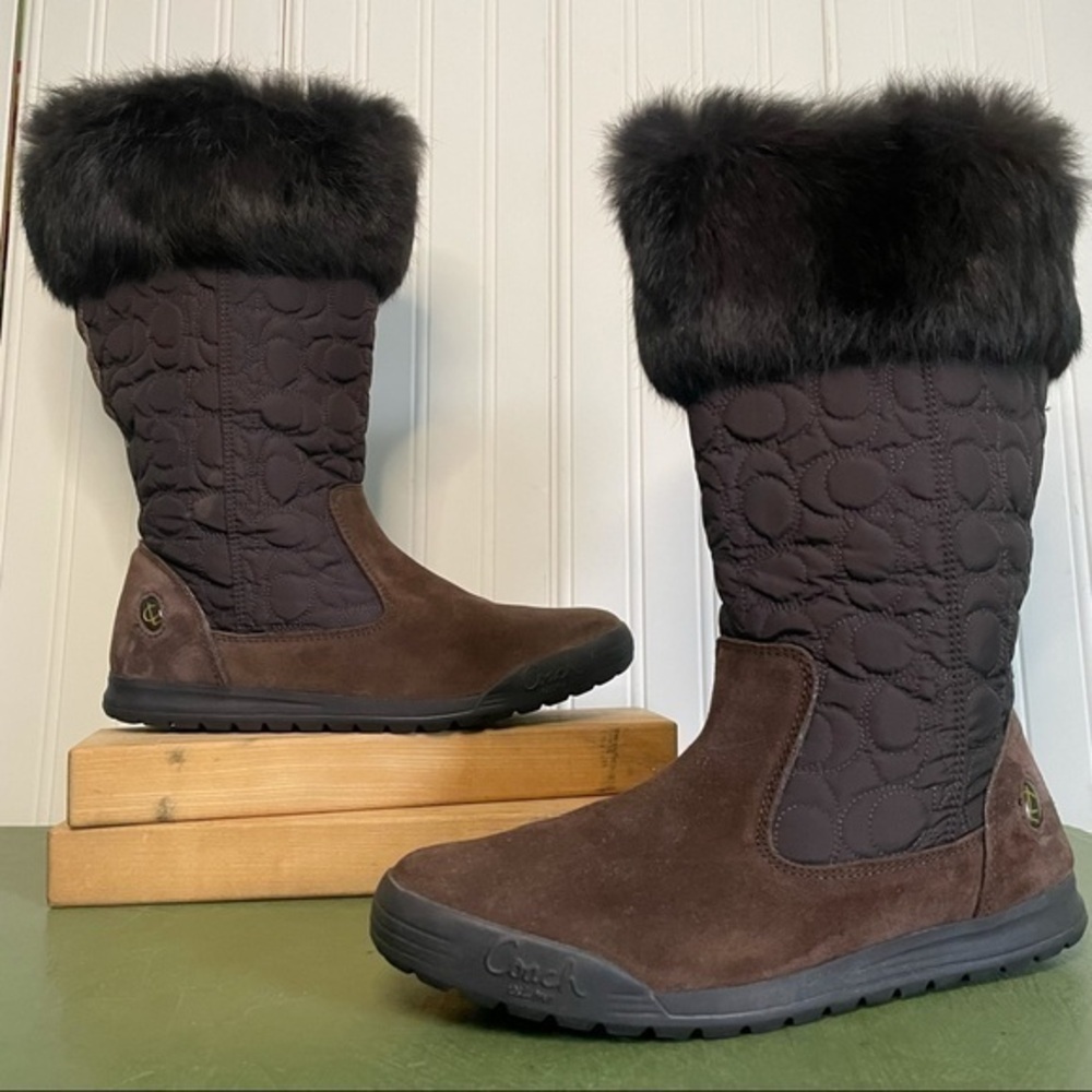 Coach Mid Calf Talen Signature Logo Boots W Rabbit Fur Trim